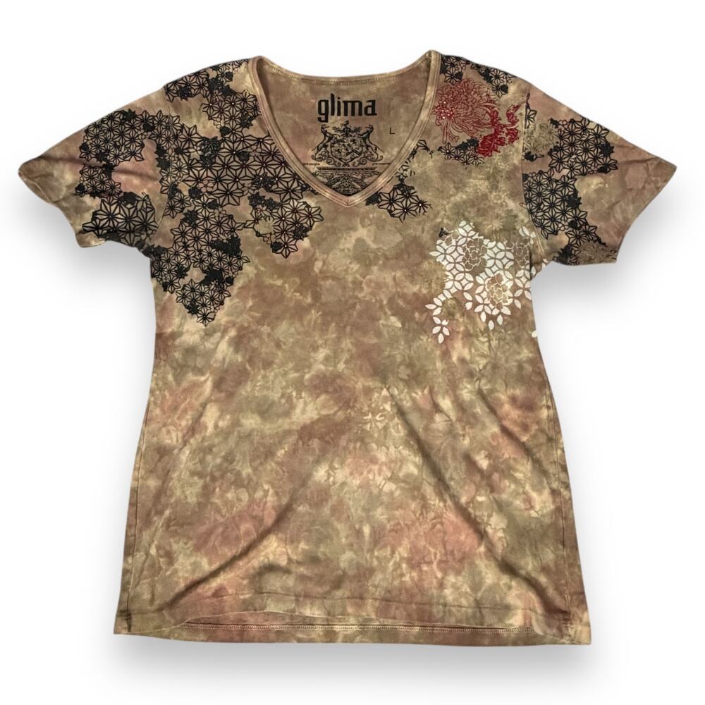 Glima V-Neck Graphic T-Shirt Women's Large Brown Tie Dye‎ Rhinestone Los Angeles